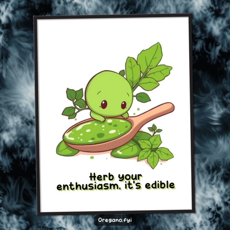 Funny Free Printable Wall Art: A curious oregano leaf character joyfully explores a giant spoonful of pesto, perfect for kitchen decor.