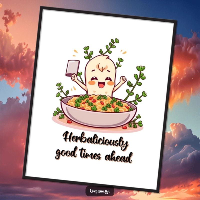 Funny Free Printable Wall Art: An energetic oregano character enthusiastically adding flavor to a giant dish, bringing kitchen cheer.