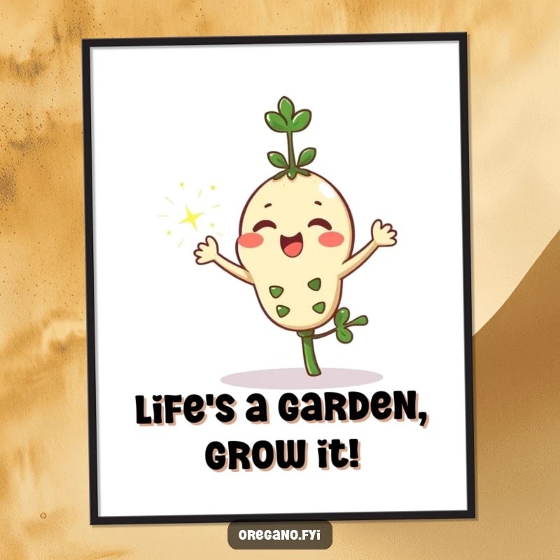 Funny Free Printable Wall Art: A Kawaii oregano sprig character joyfully sprinkling shiny, magical sparkles.