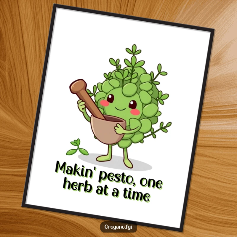 Funny Free Printable Wall Art: An oregano leaf character holds a tiny mortar and pestle, ready to grind herbs in style.