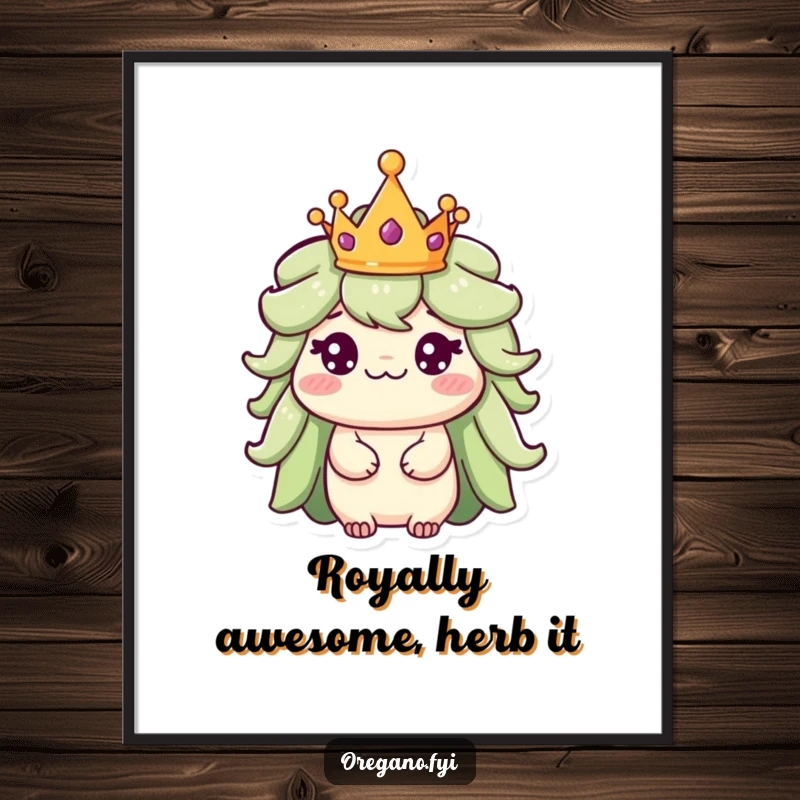Free Printable Regal Oregano Wall Art: An oregano character wearing a tiny crown looks noble and distinguished.