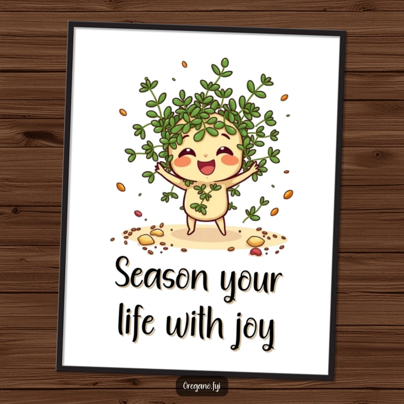 Funny Free Printable Wall Art: A kawaii oregano sprig gleefully scatters imaginary spices, adding a playful, culinary touch to decor.