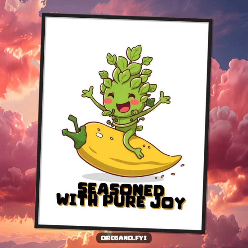 Funny Free Printable Wall Art: An oregano leaf character rides a rolling pepper flake with pure joy, a downloadable art piece.
