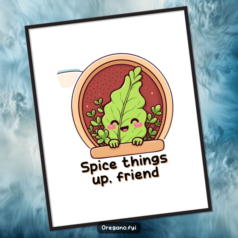 Funny Free Printable Wall Art: Oregano character peeking with a grin from within a spice rack.