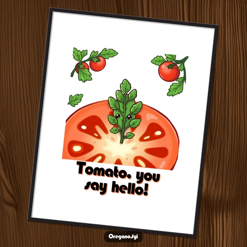 Funny Free Printable Wall Art: An oregano leaf character shyly peeks out from behind a large tomato slice, a downloadable art piece.