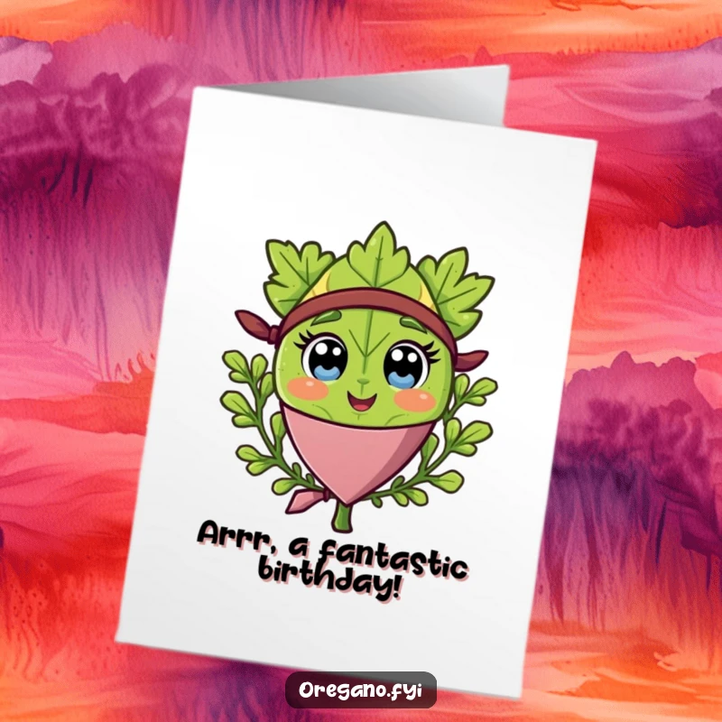 Funny Free Printable Birthday Card: A happy oregano leaf pirate wearing a bandana, ready to celebrate your birthday.