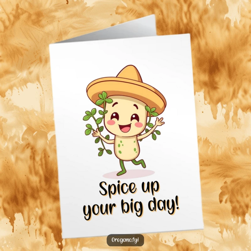 Funny Free Printable Birthday Card: Oregano in sombrero dancing with flair, perfect for a festive and humorous celebration.