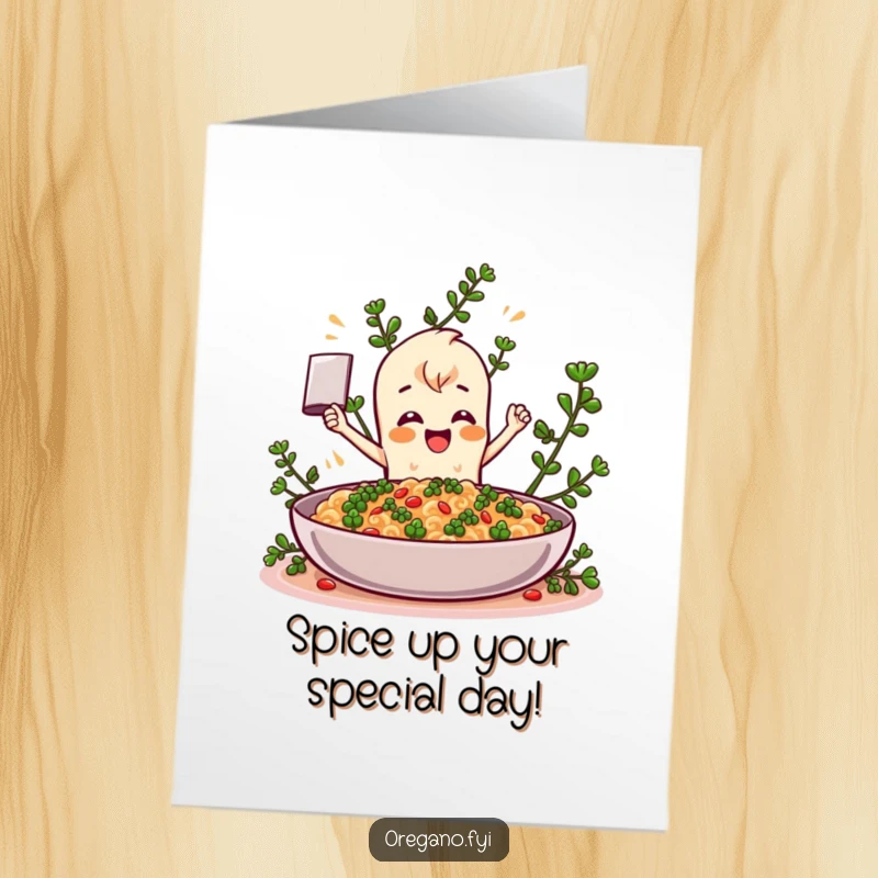 Funny Free Printable Birthday Card: A cheerful oregano character enthusiastically adding flavor to a giant dish, ready to celebrate.