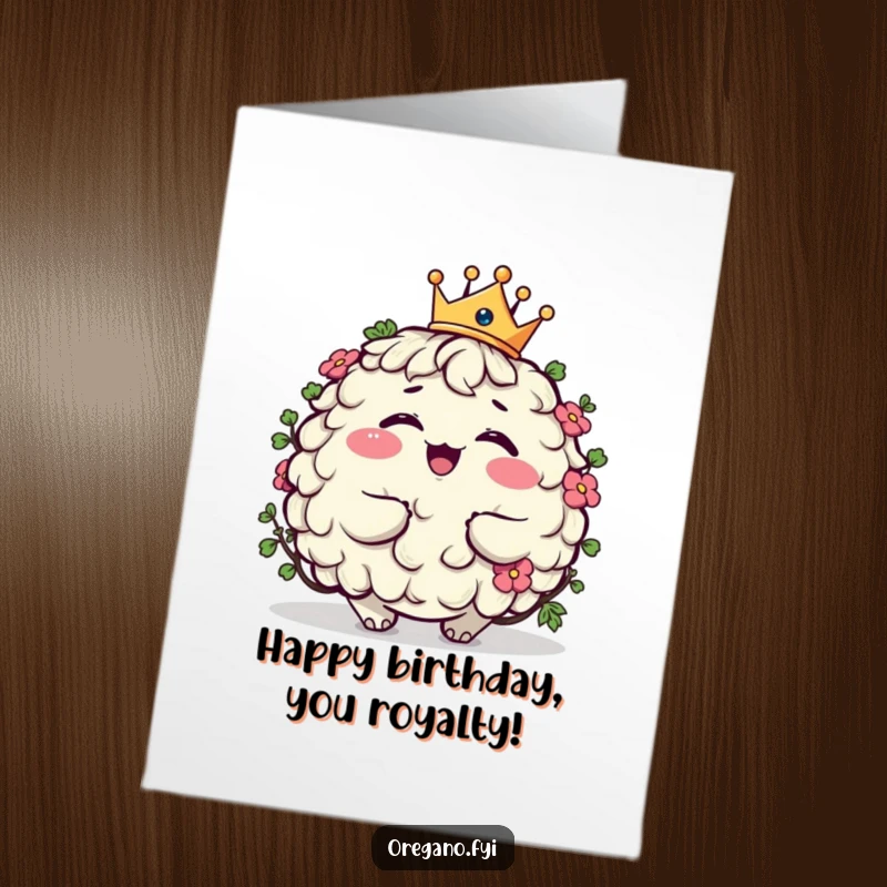 Funny Free Printable Birthday Card featuring a plump, giggling oregano character wearing a tiny crown, celebrating royally.
