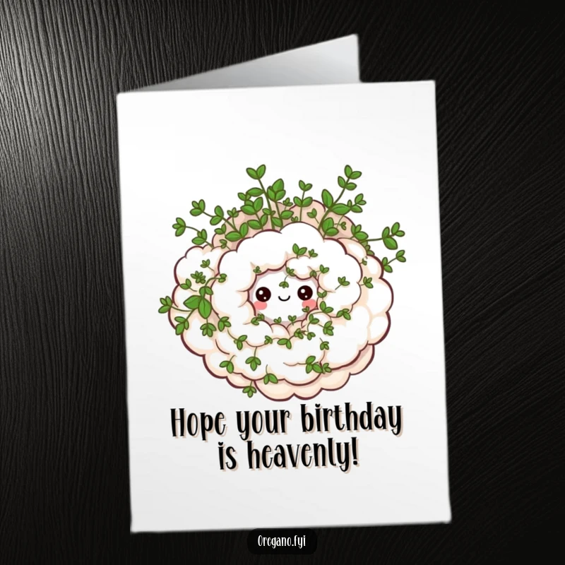 Funny Free Printable Birthday Card featuring a swirling cloud of oregano with small, happy eyes, a whimsical and joyful design.