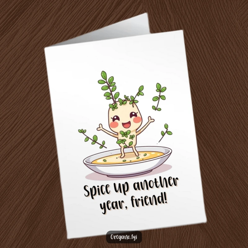Funny Free Printable Birthday Card: Cheerful oregano sprig with tiny legs joyfully sprinkling itself onto a dish, a downloadable delight.