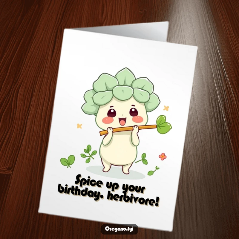 Funny Free Printable Birthday Card: Kawaii oregano character joyfully playing a tiny leaf flute with musical notes floating.