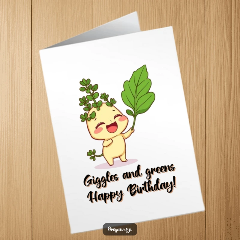 Funny Free Printable Birthday Card: An oregano sprig giggles uncontrollably while a curry leaf tickles its leafy sides, pure birthday joy.