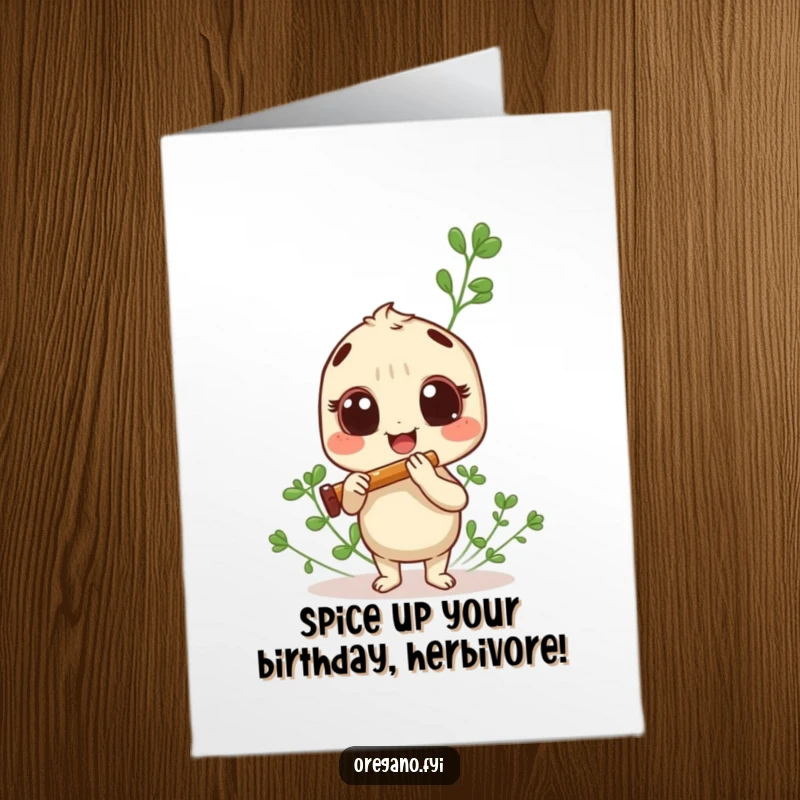 Funny Free Printable Birthday Card: Happy Oregano Herb playing tiny panpipes with wide, excited eyes, spreading musical cheer.