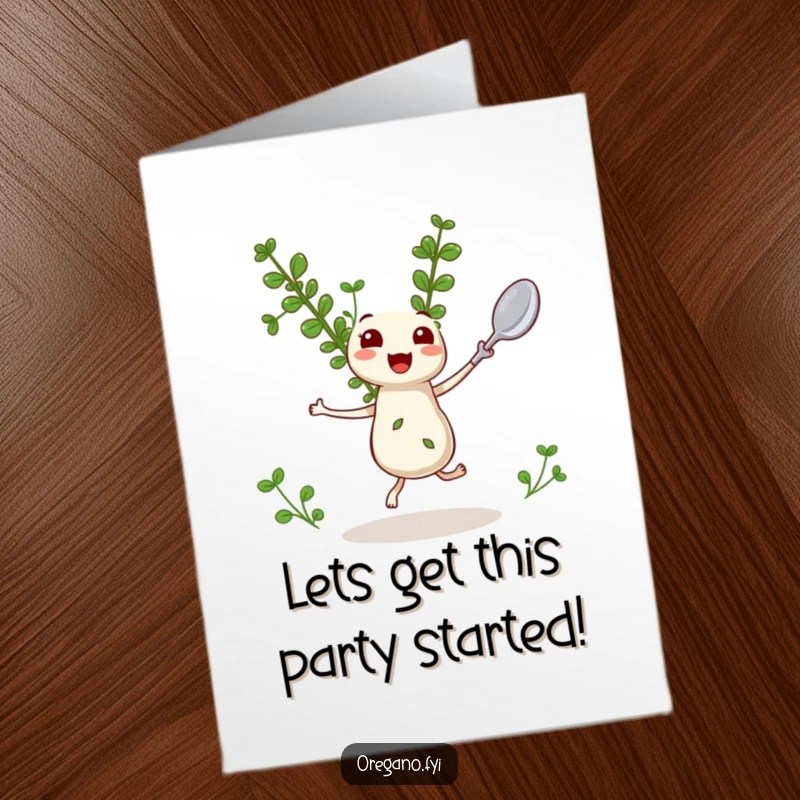 Funny Free Printable Birthday Card: A kawaii oregano sprig happily dances with a miniature spoon, ready to spice up the party.