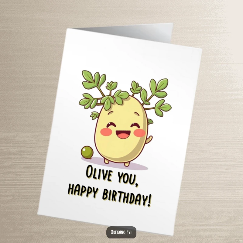 Funny Free Printable Birthday Card with a smiling oregano character watching a tiny olive happily roll past.