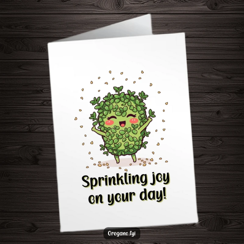 Funny free printable birthday card showing an oregano character joyfully scattering tiny seeds like festive confetti, celebrating happily.