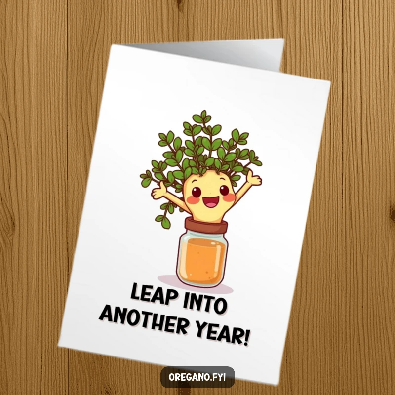 Funny free printable birthday card showing a happy oregano sprig joyfully leaping over a spice jar with great enthusiasm.