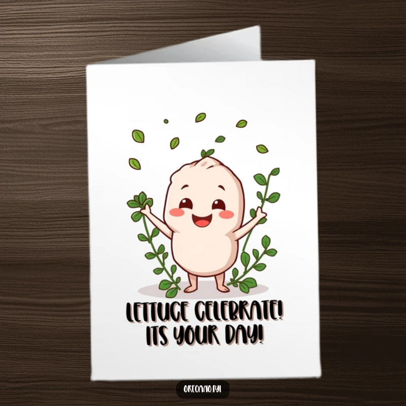 Joyful Free Printable Birthday Card: Smiling oregano character gleefully tossing fresh herb leaves high into the air.