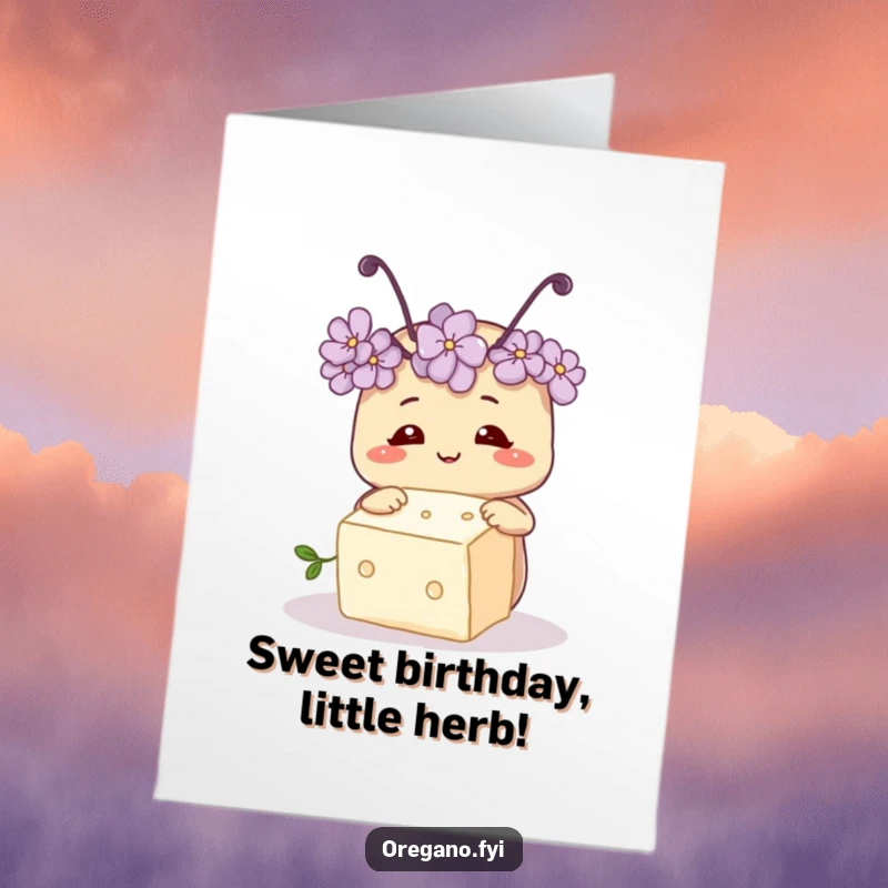 Funny Free Printable Birthday Card featuring a smiling oregano with antennae examining a tiny sugar cube with great interest.