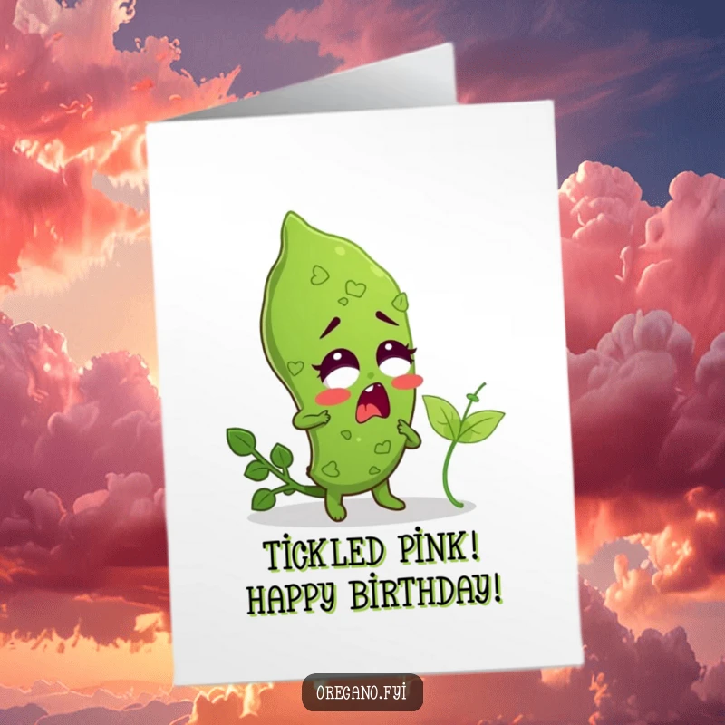 Funny Free Printable Birthday Card: An oregano leaf reacting with surprise to being tickled by a tiny basil leaf.
