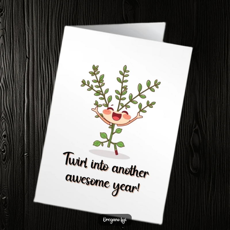 Free Printable Birthday Card: A joyful oregano sprig is caught mid-silly twirl, leaves flying, spreading birthday cheer.