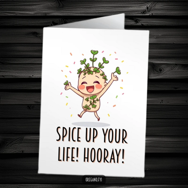 Festive Free Printable Congratulations Card: A cheerful oregano sprig character joyfully dancing amidst a shower of colorful confetti.