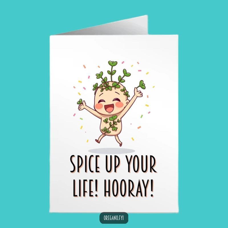 Free Printable Congrats Card: Dancing Oregano Celebrates, Humorous Downloadable Gift of Joy