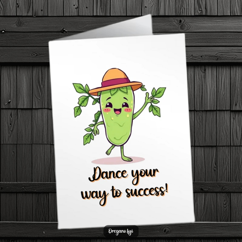 Funny Free Printable Congratulations Card: A Kawaii oregano leaf character energetically performing a salsa dance to celebrate.