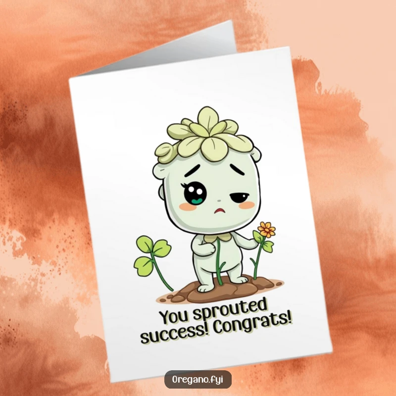 Funny Free Printable congratulations card: a determined oregano character strains to sprout a tiny flower, celebrating achievement and perseverance.
