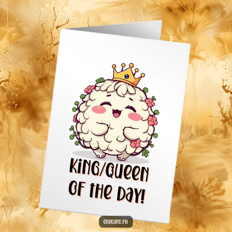 Funny Free Printable Congratulations Card with a plump, giggling oregano in a tiny crown celebrating a grand achievement.