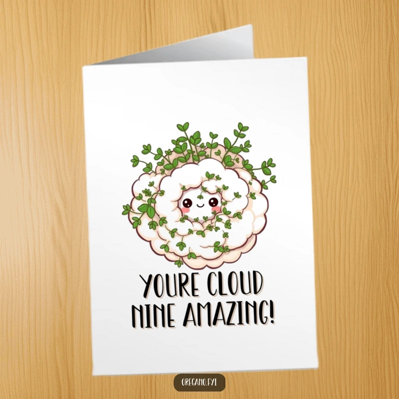 Funny Free Printable Congratulations Card with a swirling cloud of oregano and small, happy eyes, a unique celebratory herb.