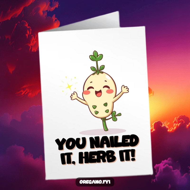 Funny Free Printable Congratulations Card: Adorable Kawaii oregano sprig showering celebratory sparkles joyfully.