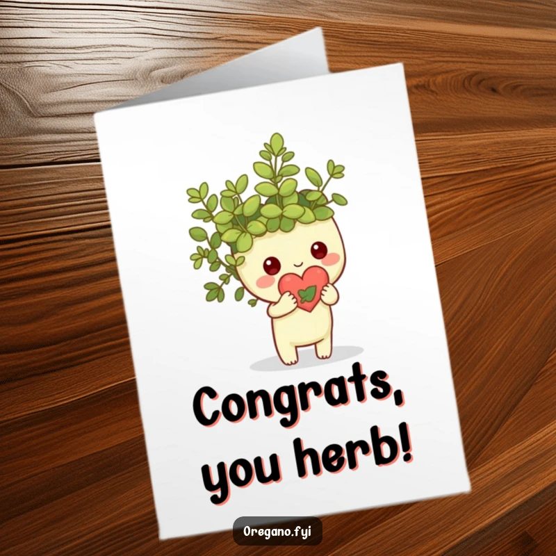 Funny Free Printable Congrats Card: A Kawaii oregano sprig proudly presents a tiny heart made of leaves.