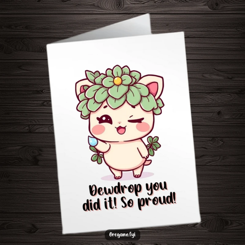 Free Printable Congratulations Card: A sly oregano character winks, offering a tiny sparkly dewdrop to celebrate an occasion.