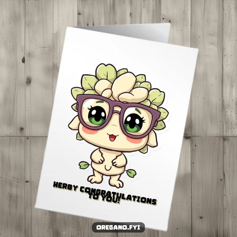 Funny Free Printable Congratulations Card: An oregano sprig with large glasses has a look of pleased confusion, celebrating good news.