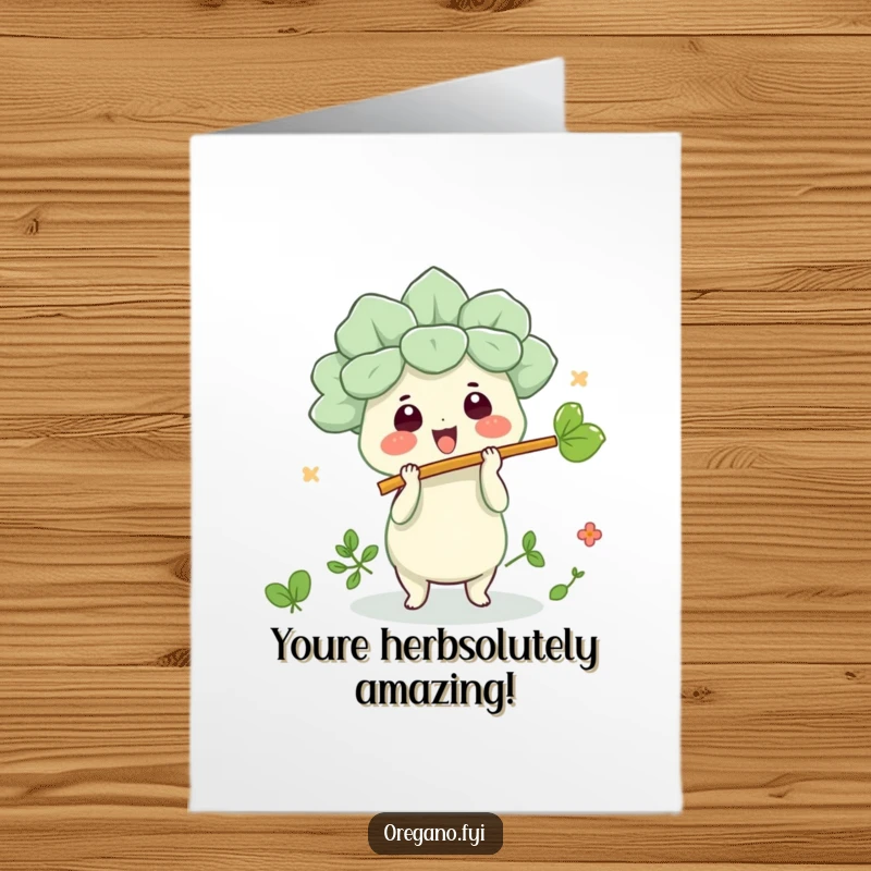 Funny Free Printable Congrats Card: Kawaii oregano character playing a leaf flute, celebrating a victory with a cheerful expression.