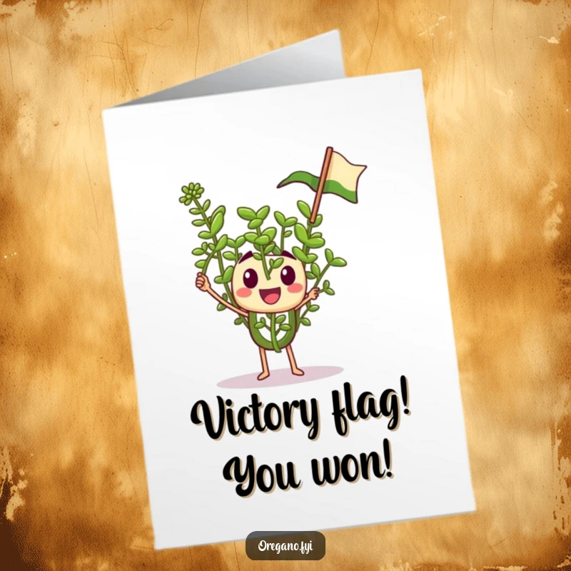 Funny Free Printable Congratulations Card: A tiny oregano sprig waves a miniature flag with immense gusto, celebrating a grand success.