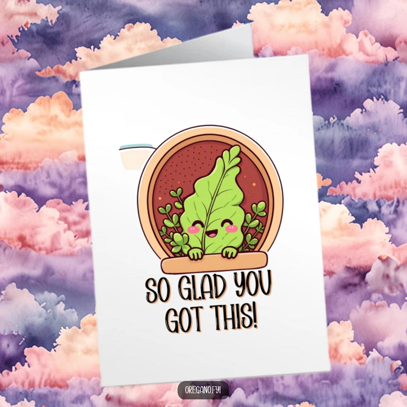 Funny Free Printable Congrats Card: Oregano character peeking mischievously from a spice rack.