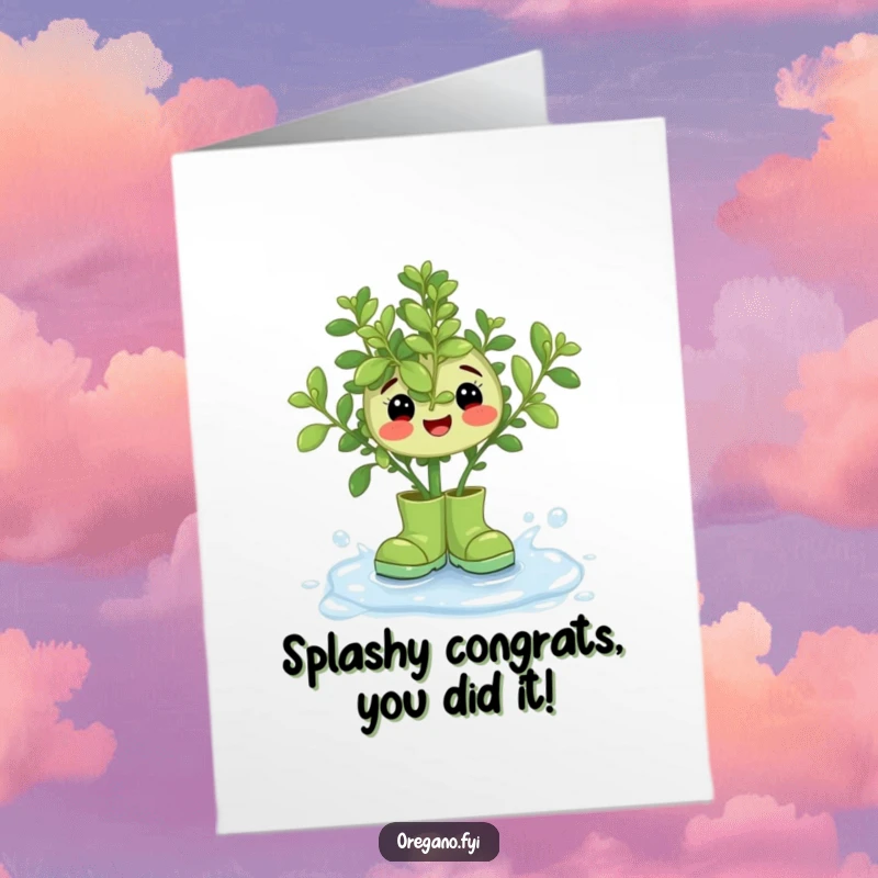 Funny Free Printable Congratulations Card: A joyful oregano sprig wearing rain boots, splashing playfully in a dewdrop.