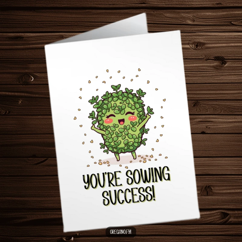 Funny free printable congratulations card of an oregano character joyfully throwing miniature seeds like confetti, marking a happy occasion.