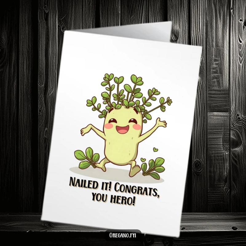 Funny Free Printable Congratulations Card: An oregano sprig hilariously trips but lands perfectly, celebrating your success with a grin.