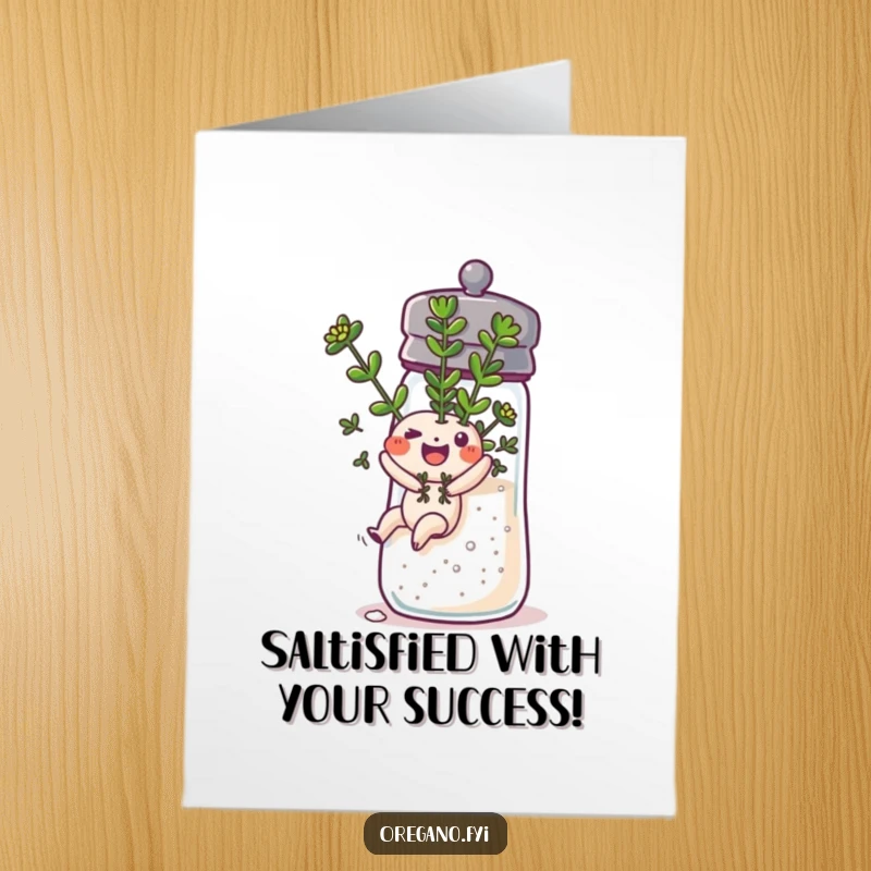 Funny Free Printable Congratulations Card: A cheerful oregano sprig slides down a salt shaker, celebrating a swift achievement.
