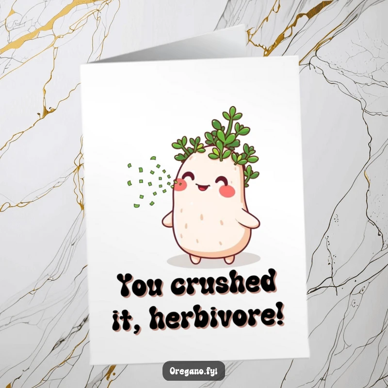 Funny Free Printable Congratulations Card with a jubilant oregano showering celebratory confetti, ideal for a chuckle.