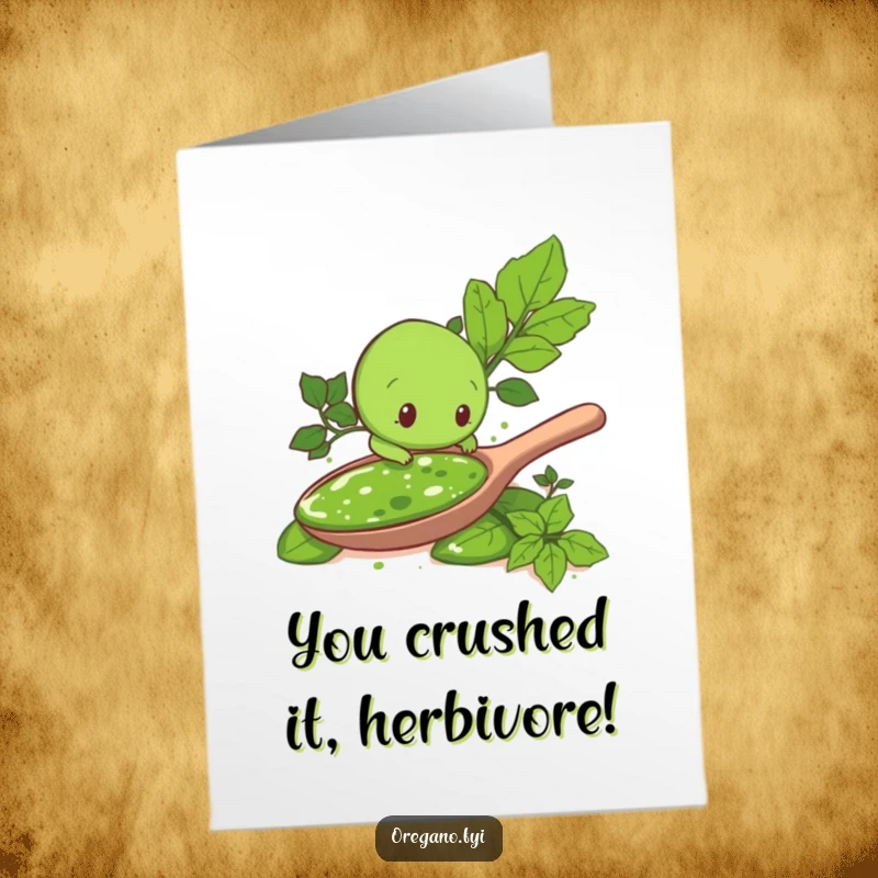 Funny Free Printable Congratulations Card: An oregano leaf character is comically exploring a massive spoonful of pesto, ready for congrats.
