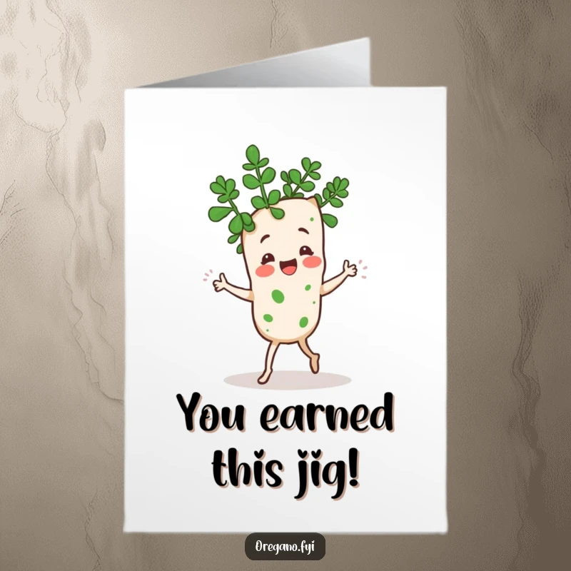 Funny Free Printable Congrats Card: Kawaii oregano sprig performs an energetic, goofy dance with its leaves.