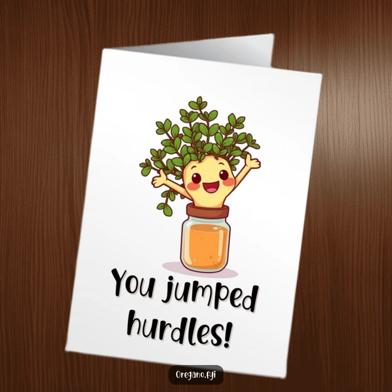 Funny free printable congratulations card depicting an oregano sprig triumphantly leaping over a spice jar, celebrating success.