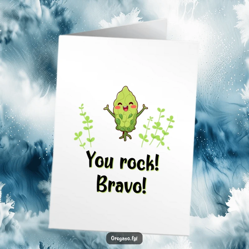 Funny Free Printable Congratulations Card with a kawaii oregano leaf happy-dancing with tiny arms to celebrate your success.