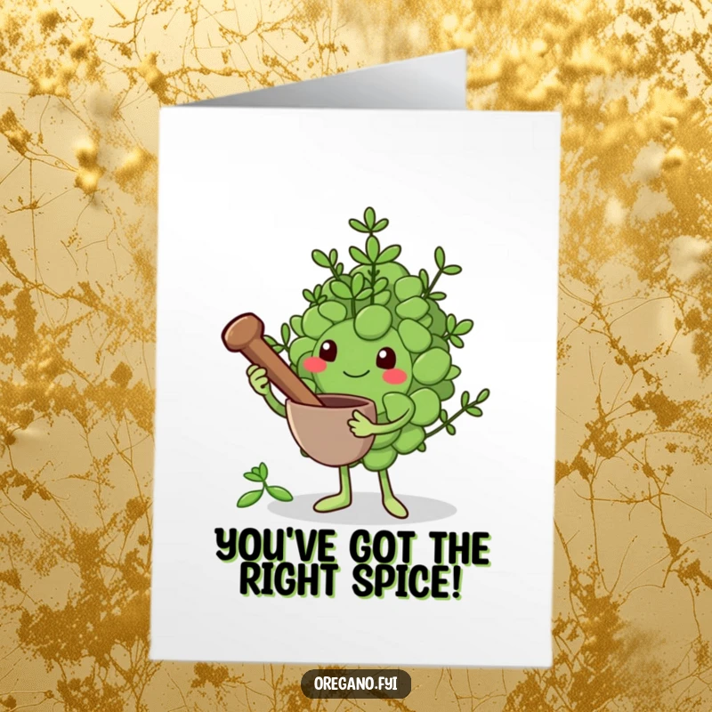 Funny Free Printable Congratulations Card: An oregano leaf character is holding a tiny mortar and pestle, ready to grind for congrats.