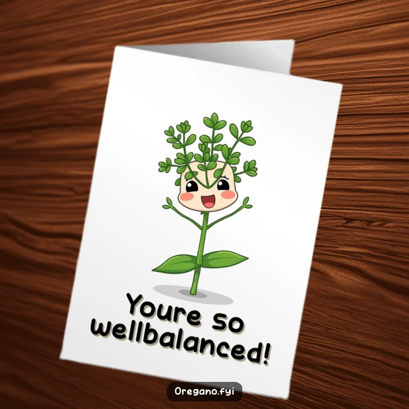 Funny free printable congratulations card featuring an oregano sprig comically trying to maintain balance on one leaf.